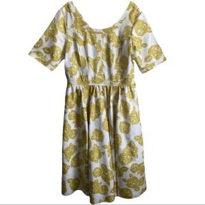 ESHAKTI Golden Roses Midi Dress XL 18 Gold Cream Fit & Flare